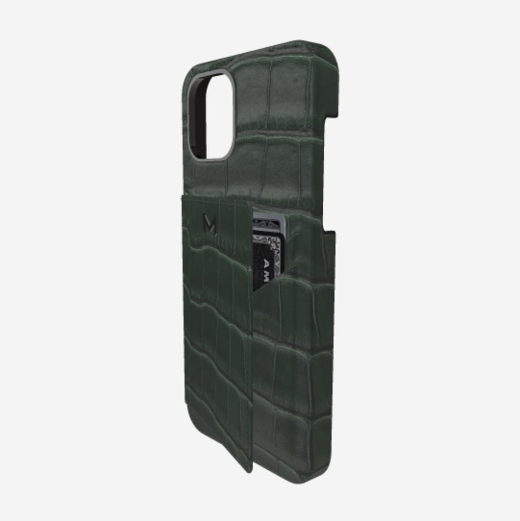 Cardholder Case for iPhone 13 in Genuine Alligator Jungle Green Black Plating 