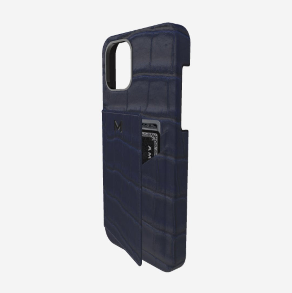 Cardholder Case for iPhone 13 in Genuine Alligator Navy Blue Black Plating 