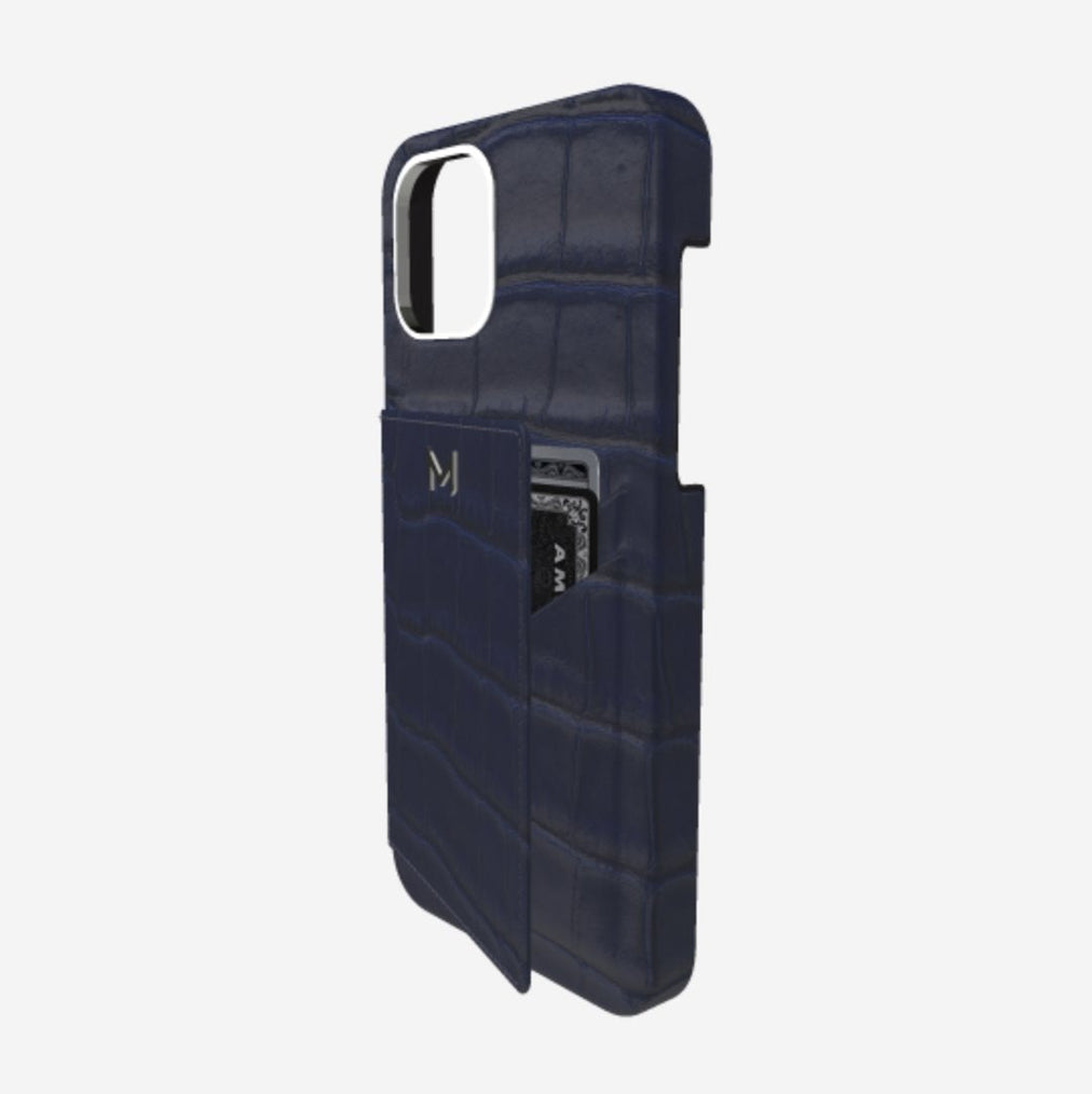 Cardholder Case for iPhone 13 in Genuine Alligator Navy Blue Steel 316 