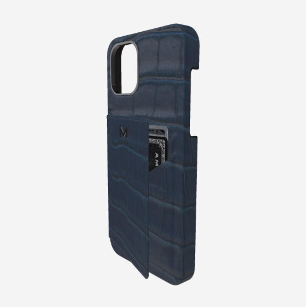 Cardholder Case for iPhone 13 in Genuine Alligator Night Blue Black Plating 