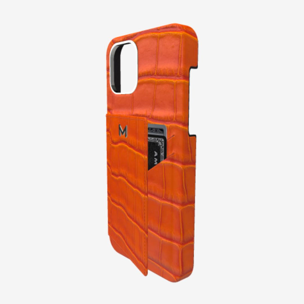 Cardholder Case for iPhone 13 in Genuine Alligator Orange Cocktail Steel 316 