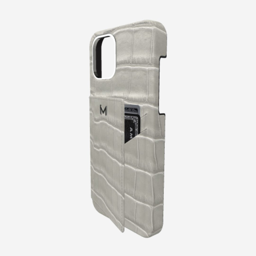 Cardholder Case for iPhone 13 in Genuine Alligator Pearl Grey Steel 316 