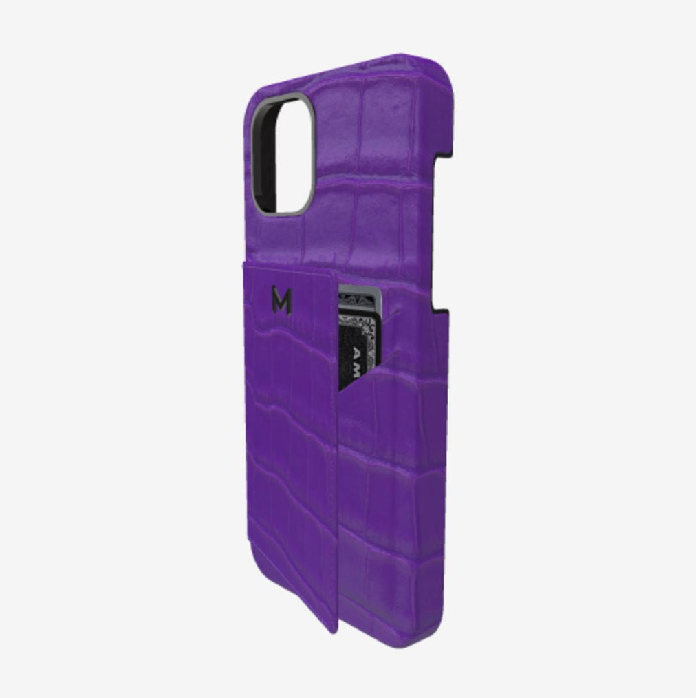 Cardholder Case for iPhone 13 in Genuine Alligator Purple Rain Black Plating 