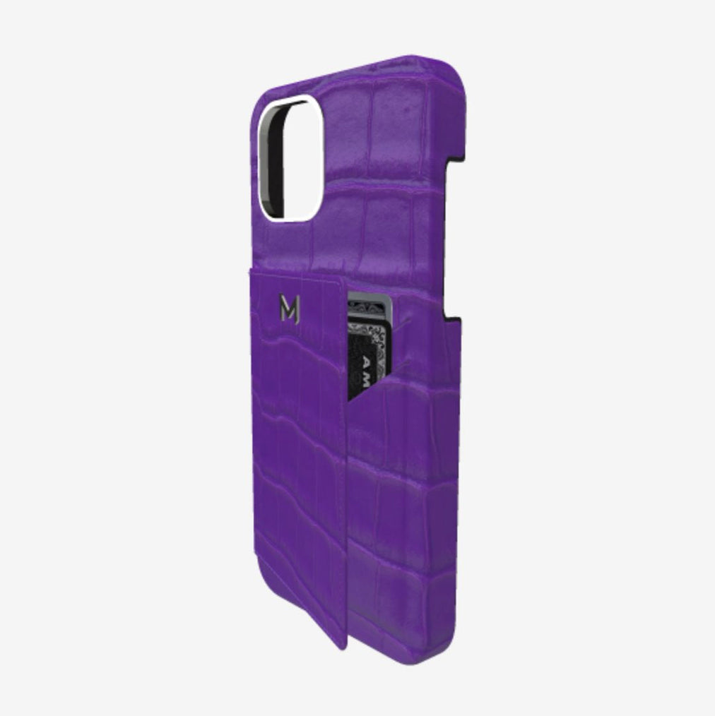 Cardholder Case for iPhone 13 in Genuine Alligator Purple Rain Steel 316 