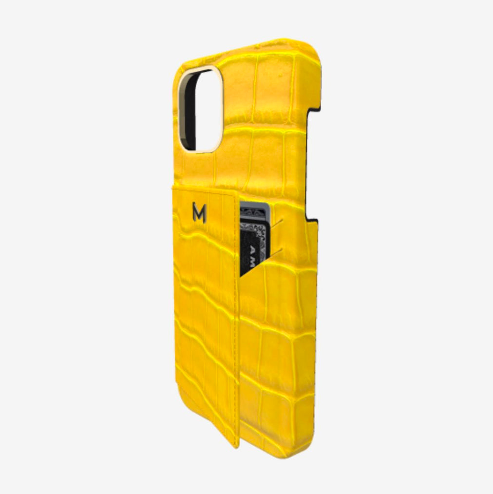 Cardholder Case for iPhone 13 in Genuine Alligator Summer Yellow Yellow Gold 