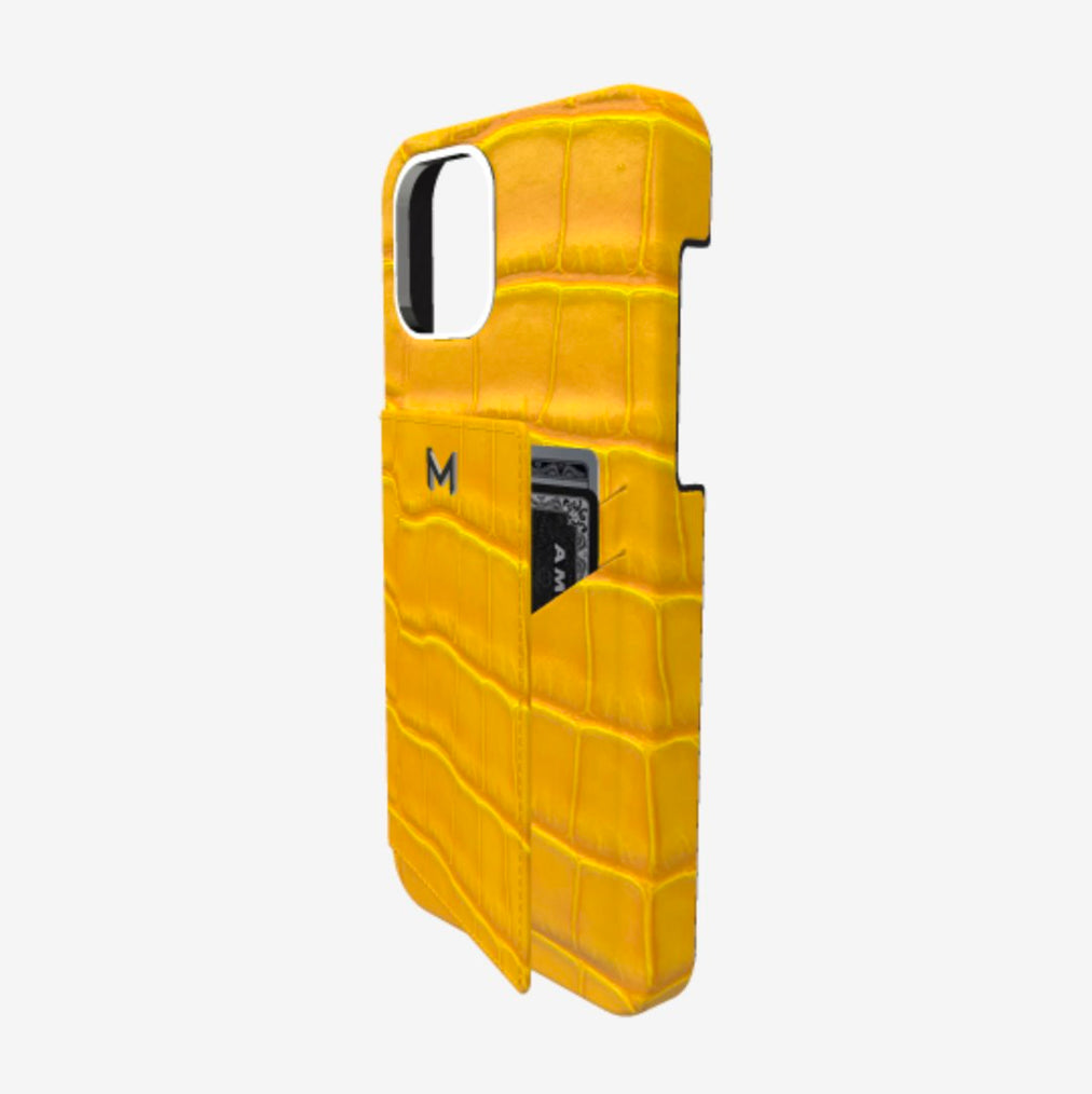 Cardholder Case for iPhone 13 in Genuine Alligator Sunny Yellow Steel 316 
