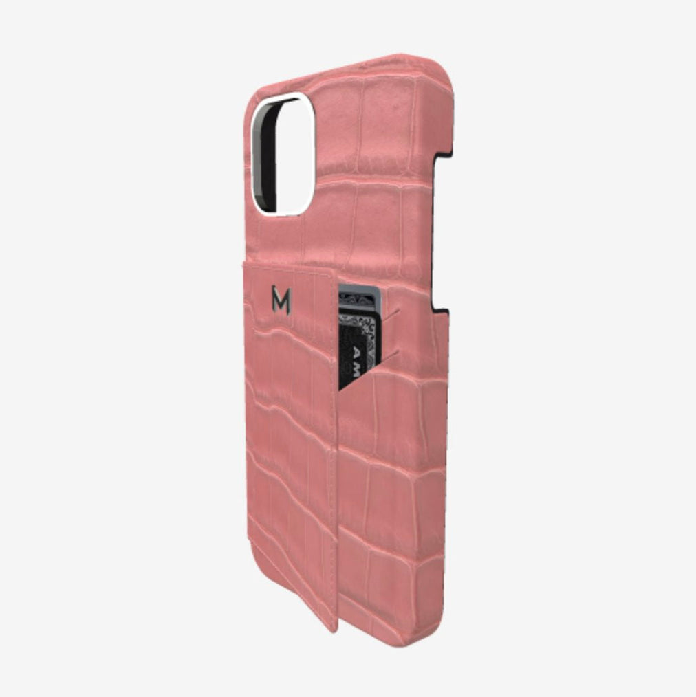 Cardholder Case for iPhone 13 in Genuine Alligator Sweet Rose Steel 316 