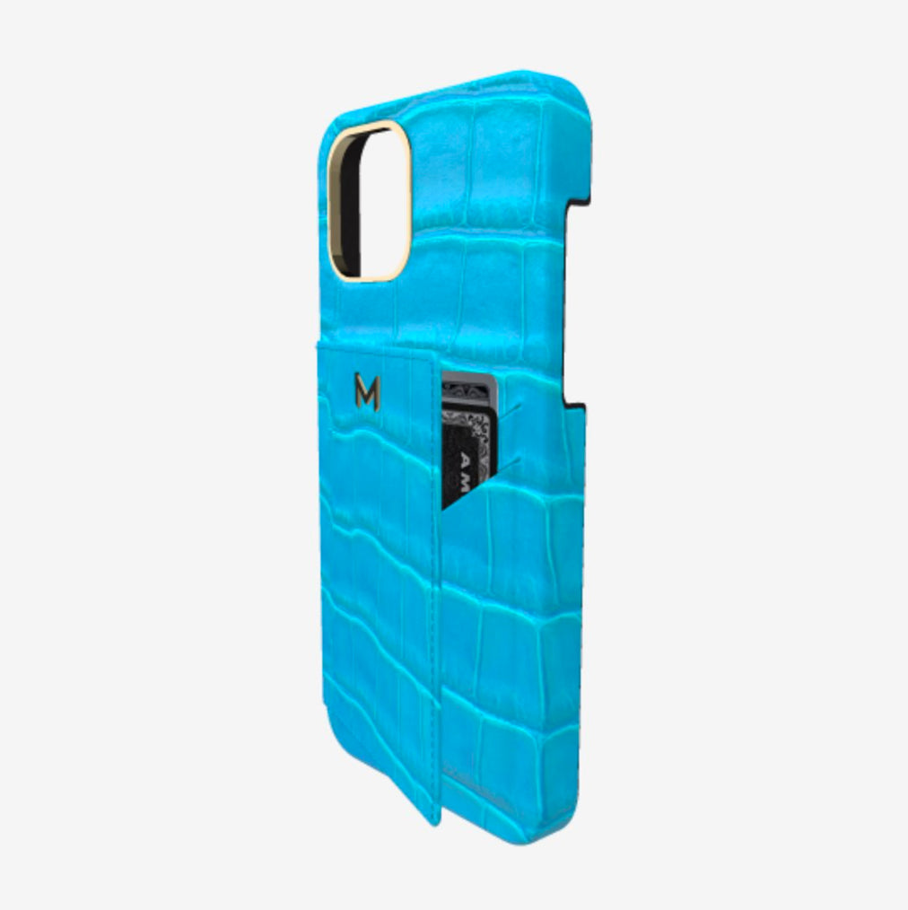 Cardholder Case for iPhone 13 in Genuine Alligator Tropical Blue Yellow Gold 