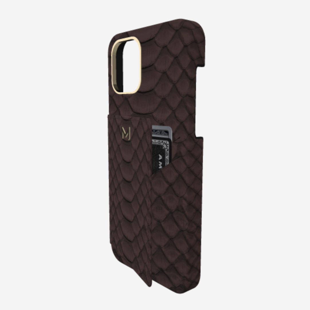 Cardholder Case for iPhone 13 in Genuine Python Borsalino Brown Yellow Gold 