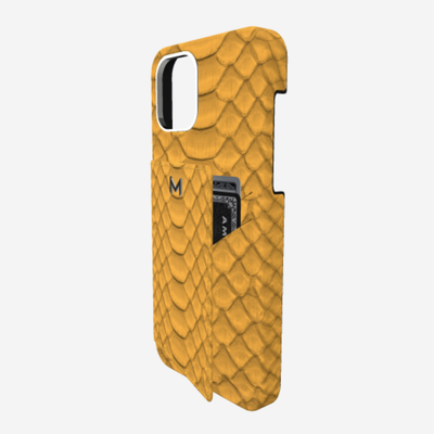 Cardholder Case for iPhone 13 in Genuine Python Sunny Yellow Steel 316 