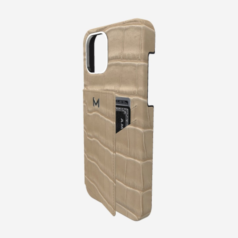 Cardholder Case for iPhone 13 Pro in Genuine Alligator Beige Desert Steel 316 