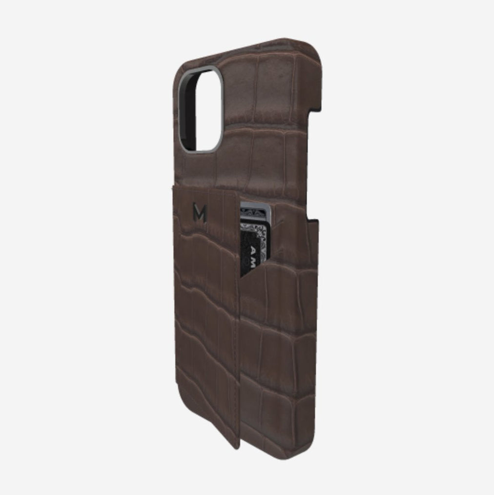 Cardholder Case for iPhone 13 Pro in Genuine Alligator Borsalino Brown Black Plating 