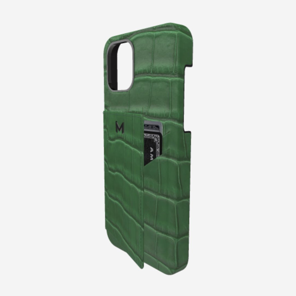 Cardholder Case for iPhone 13 Pro in Genuine Alligator Emerald Green Black Plating 