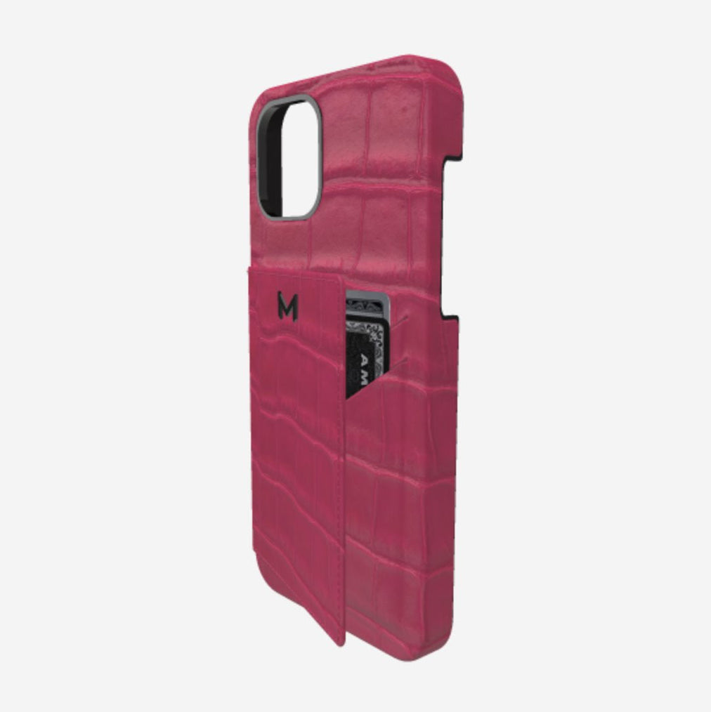 Cardholder Case for iPhone 13 Pro in Genuine Alligator Fuchsia Party Black Plating 