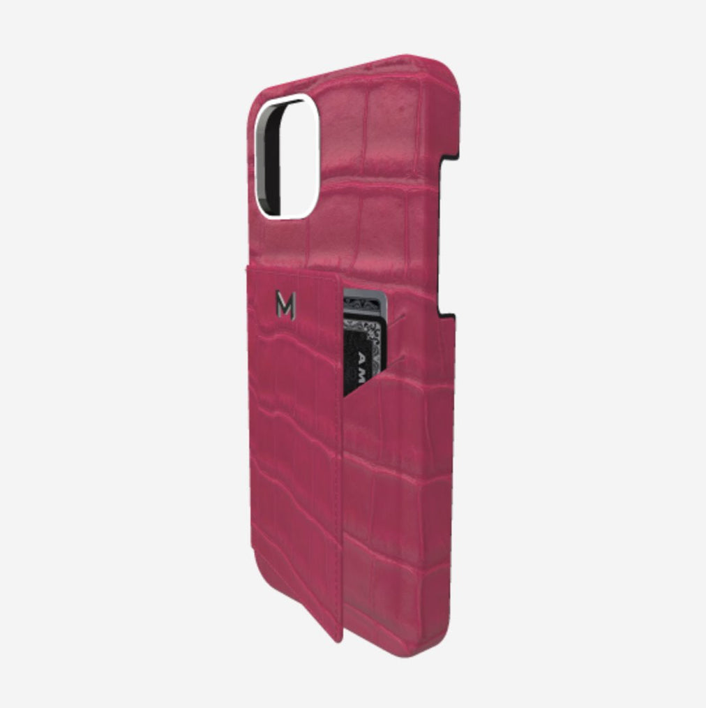 Cardholder Case for iPhone 13 Pro in Genuine Alligator Fuchsia Party Steel 316 