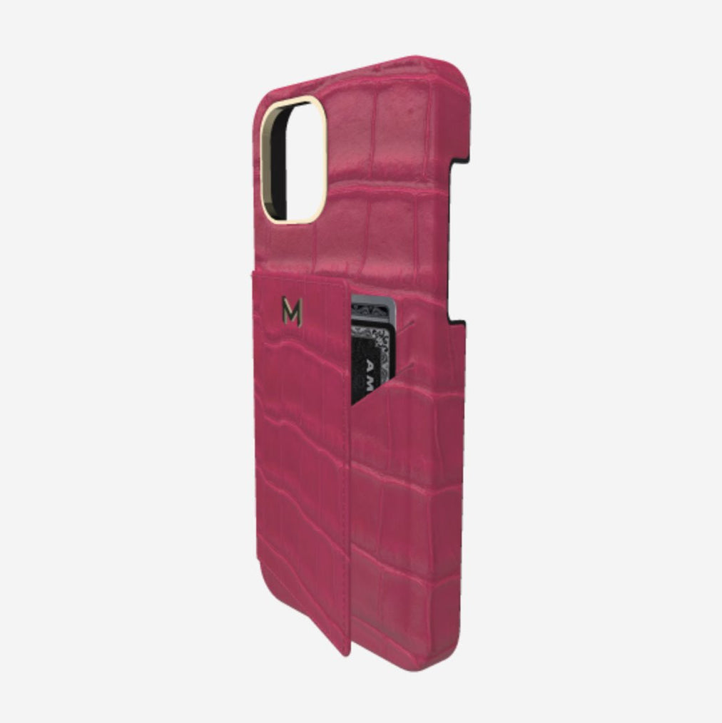 Cardholder Case for iPhone 13 Pro in Genuine Alligator Fuchsia Party Yellow Gold 