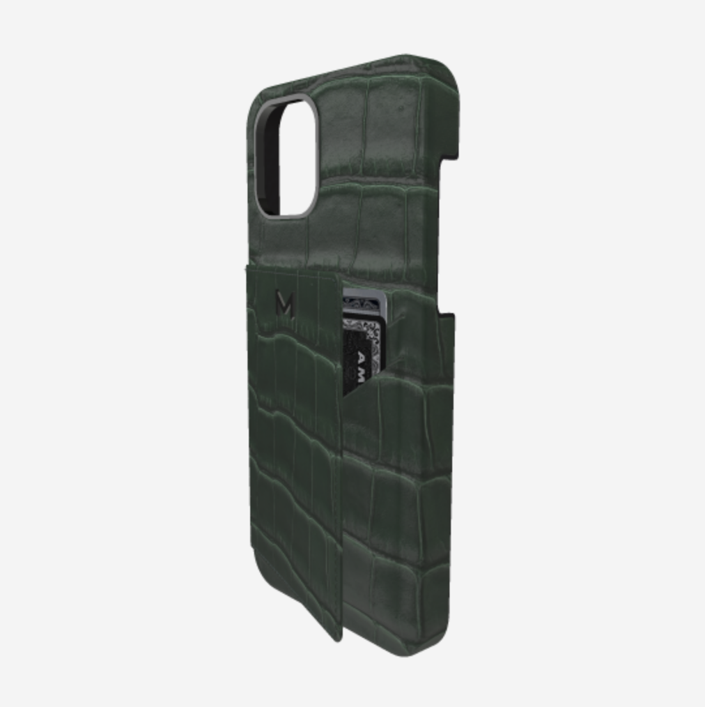 Cardholder Case for iPhone 13 Pro in Genuine Alligator Jungle Green Black Plating 