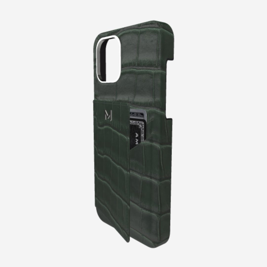 Cardholder Case for iPhone 13 Pro in Genuine Alligator Jungle Green Steel 316 