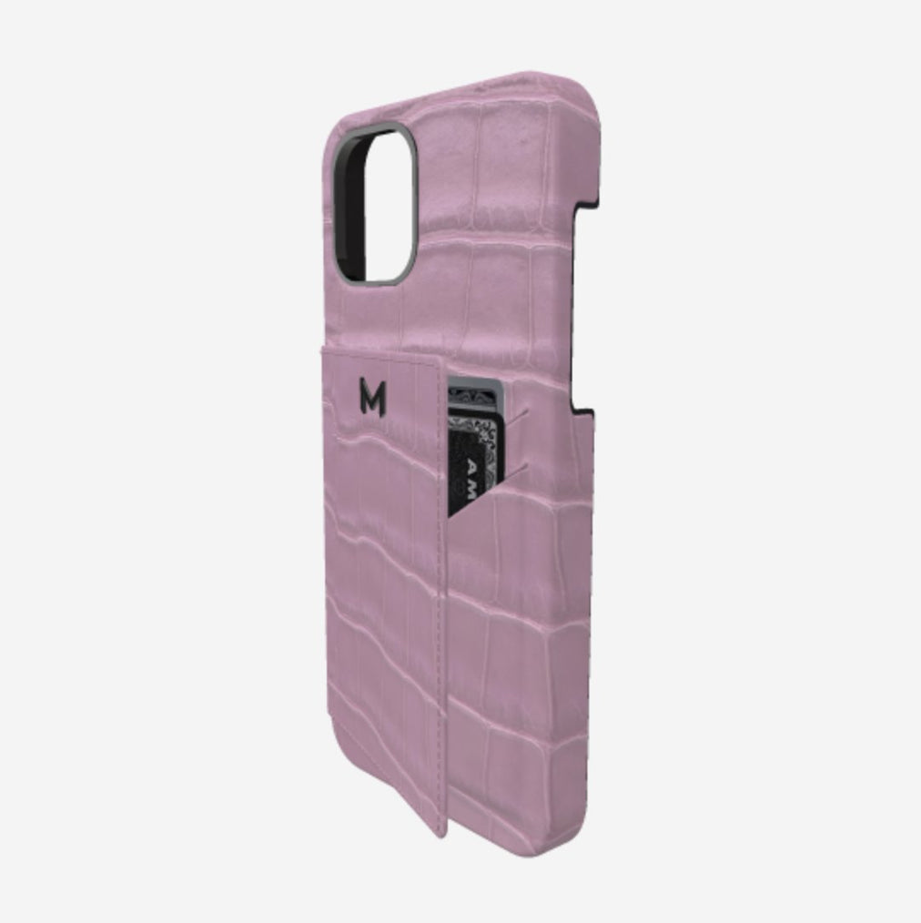 Cardholder Case for iPhone 13 Pro in Genuine Alligator Lavender Laugh Black Plating 