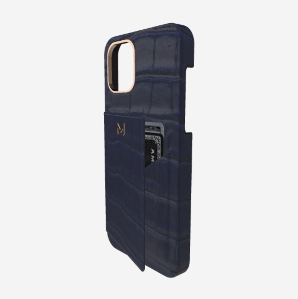 Cardholder Case for iPhone 13 Pro in Genuine Alligator Navy Blue Rose Gold 