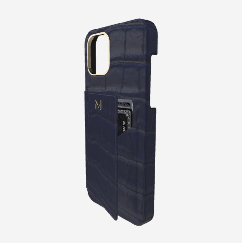 Cardholder Case for iPhone 13 Pro in Genuine Alligator Navy Blue Yellow Gold 