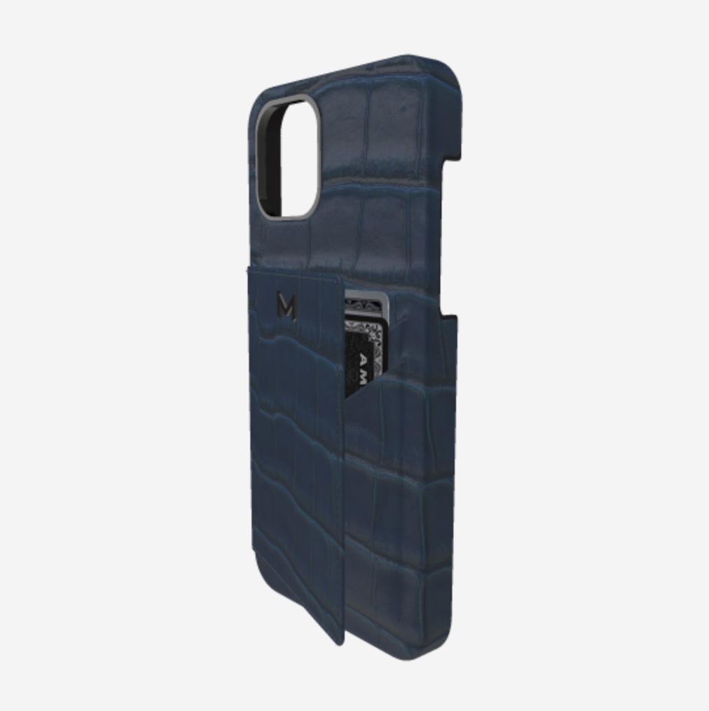 Cardholder Case for iPhone 13 Pro in Genuine Alligator Night Blue Black Plating 