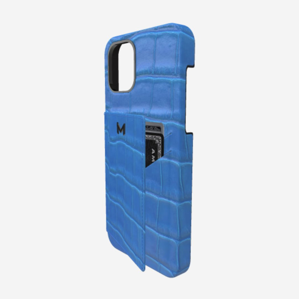Cardholder Case for iPhone 13 Pro in Genuine Alligator Royal Blue Black Plating 
