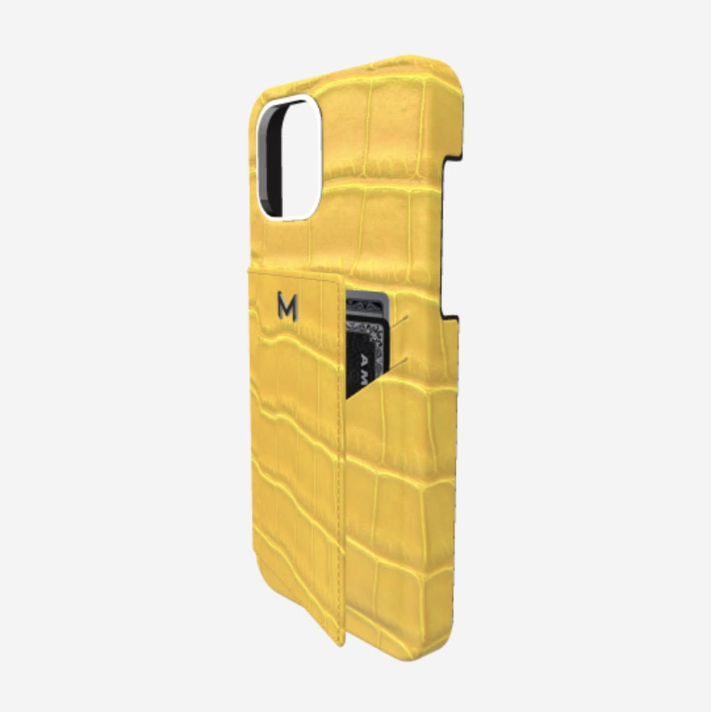 Cardholder Case for iPhone 13 Pro in Genuine Alligator Summer Yellow Steel 316 