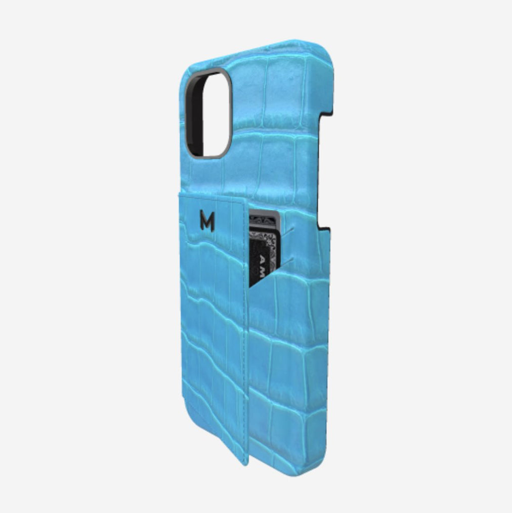 Cardholder Case for iPhone 13 Pro in Genuine Alligator Tropical Blue Black Plating 