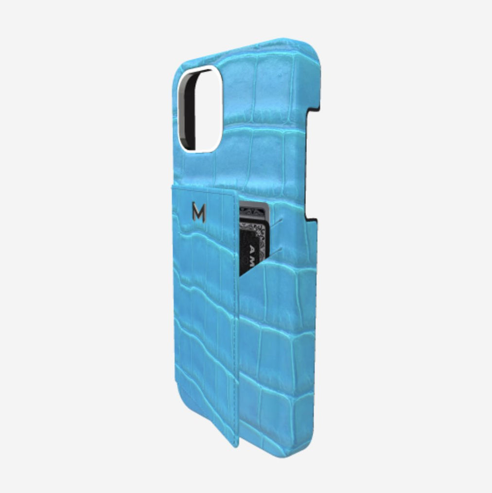 Cardholder Case for iPhone 13 Pro in Genuine Alligator Tropical Blue Steel 316 