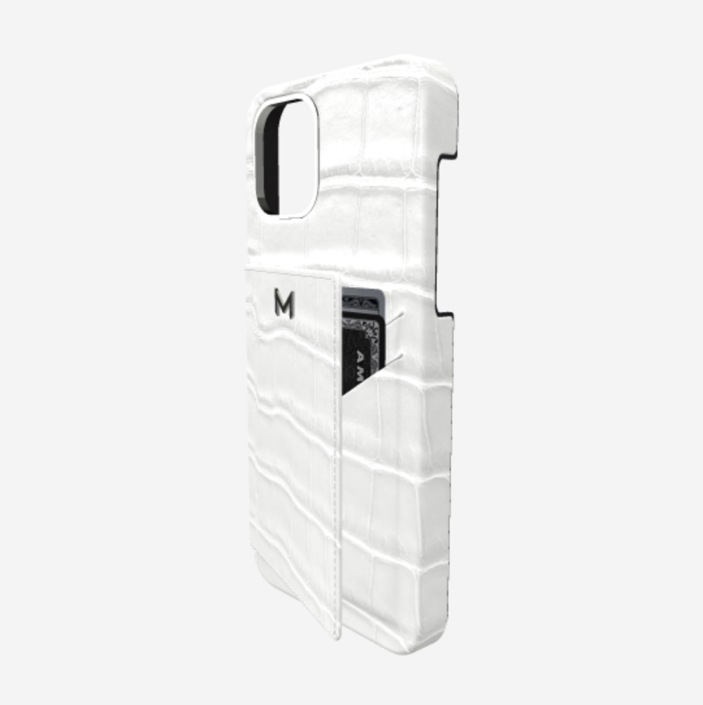 Cardholder Case for iPhone 13 Pro in Genuine Alligator White Angel Steel 316 
