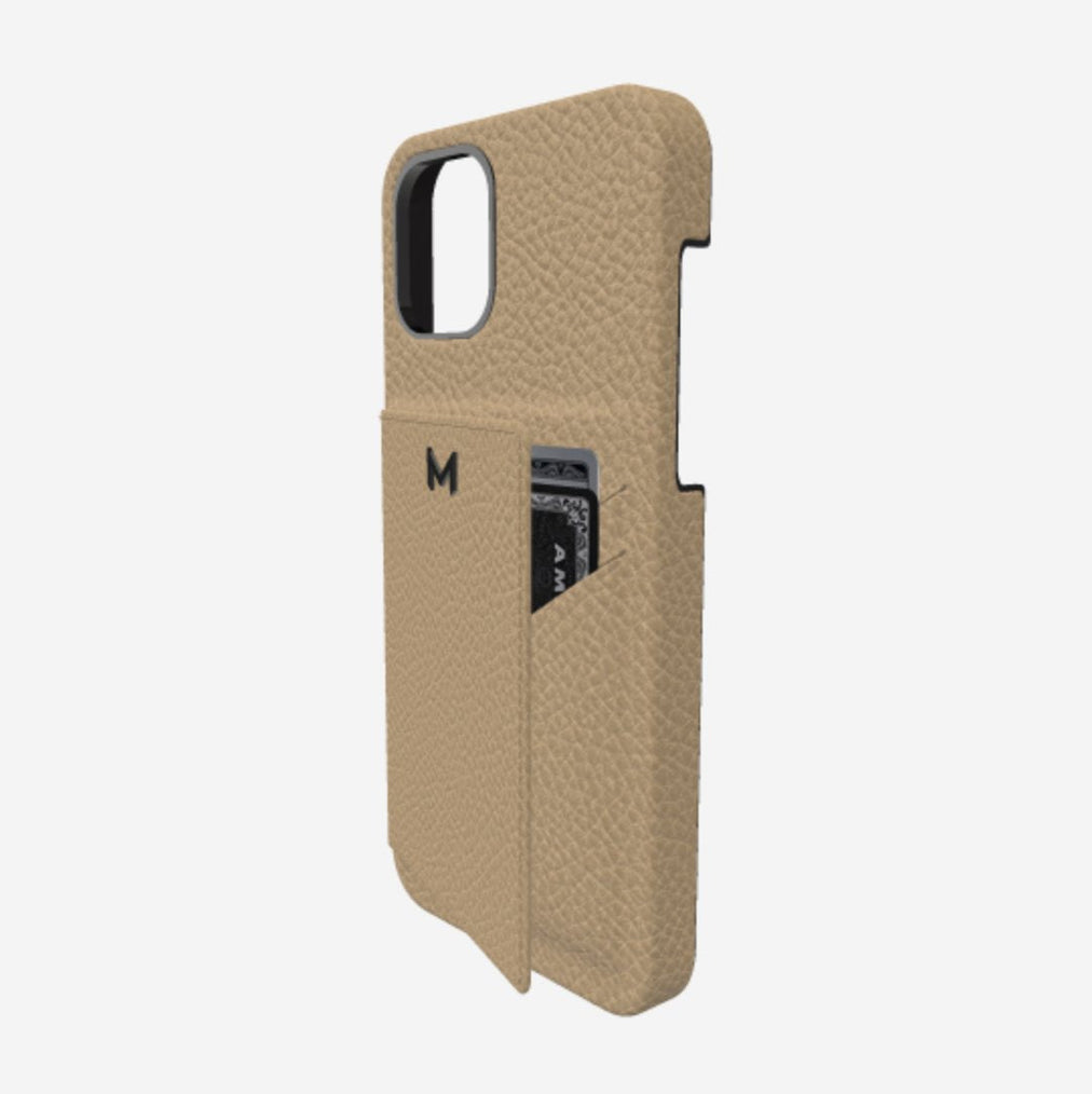 Cardholder Case for iPhone 13 Pro in Genuine Calfskin Beige Desert Black Plating 