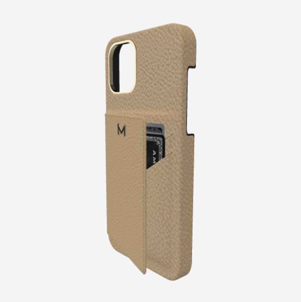 Cardholder Case for iPhone 13 Pro in Genuine Calfskin Beige Desert Yellow Gold 