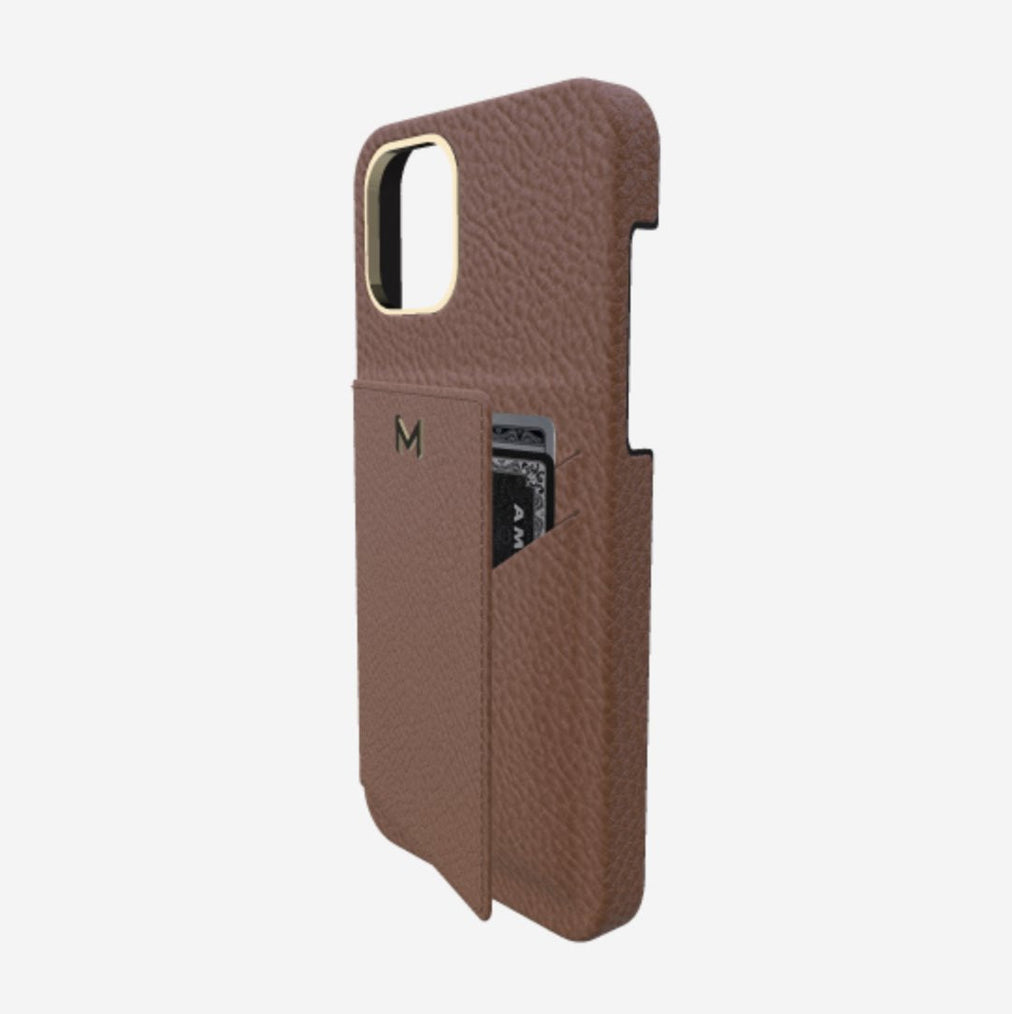 Cardholder Case for iPhone 13 Pro in Genuine Calfskin Belmondo Brown Yellow Gold 