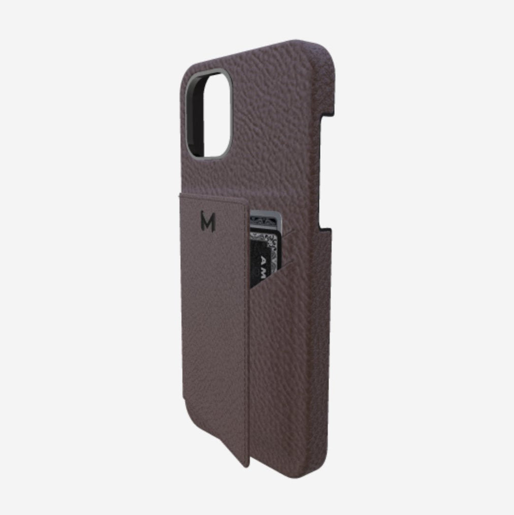 Cardholder Case for iPhone 13 Pro in Genuine Calfskin Borsalino Brown Black Plating 