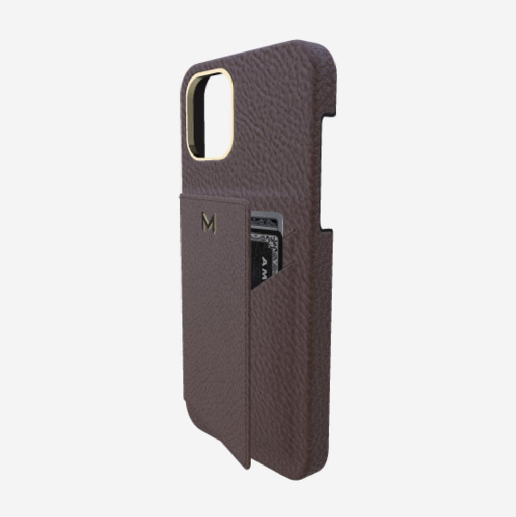 Cardholder Case for iPhone 13 Pro in Genuine Calfskin Borsalino Brown Yellow Gold 