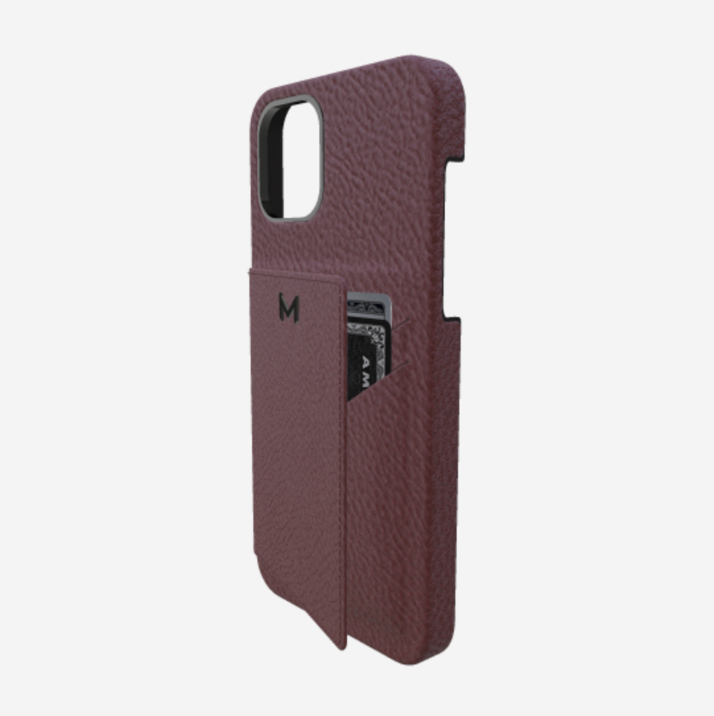 Cardholder Case for iPhone 13 Pro in Genuine Calfskin Burgundy Palace Black Plating 