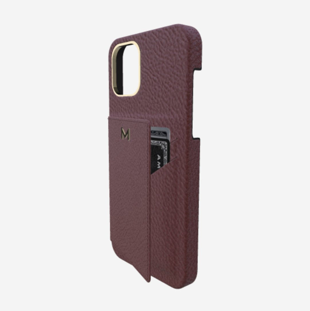 Cardholder Case for iPhone 13 Pro in Genuine Calfskin Burgundy Palace Yellow Gold 