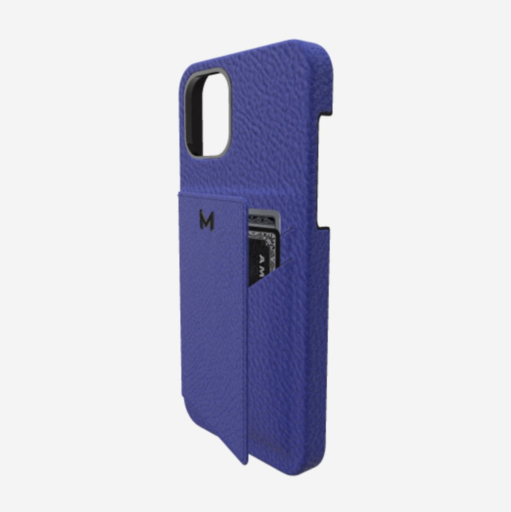 Cardholder Case for iPhone 13 Pro in Genuine Calfskin Electric Blue Black Plating 