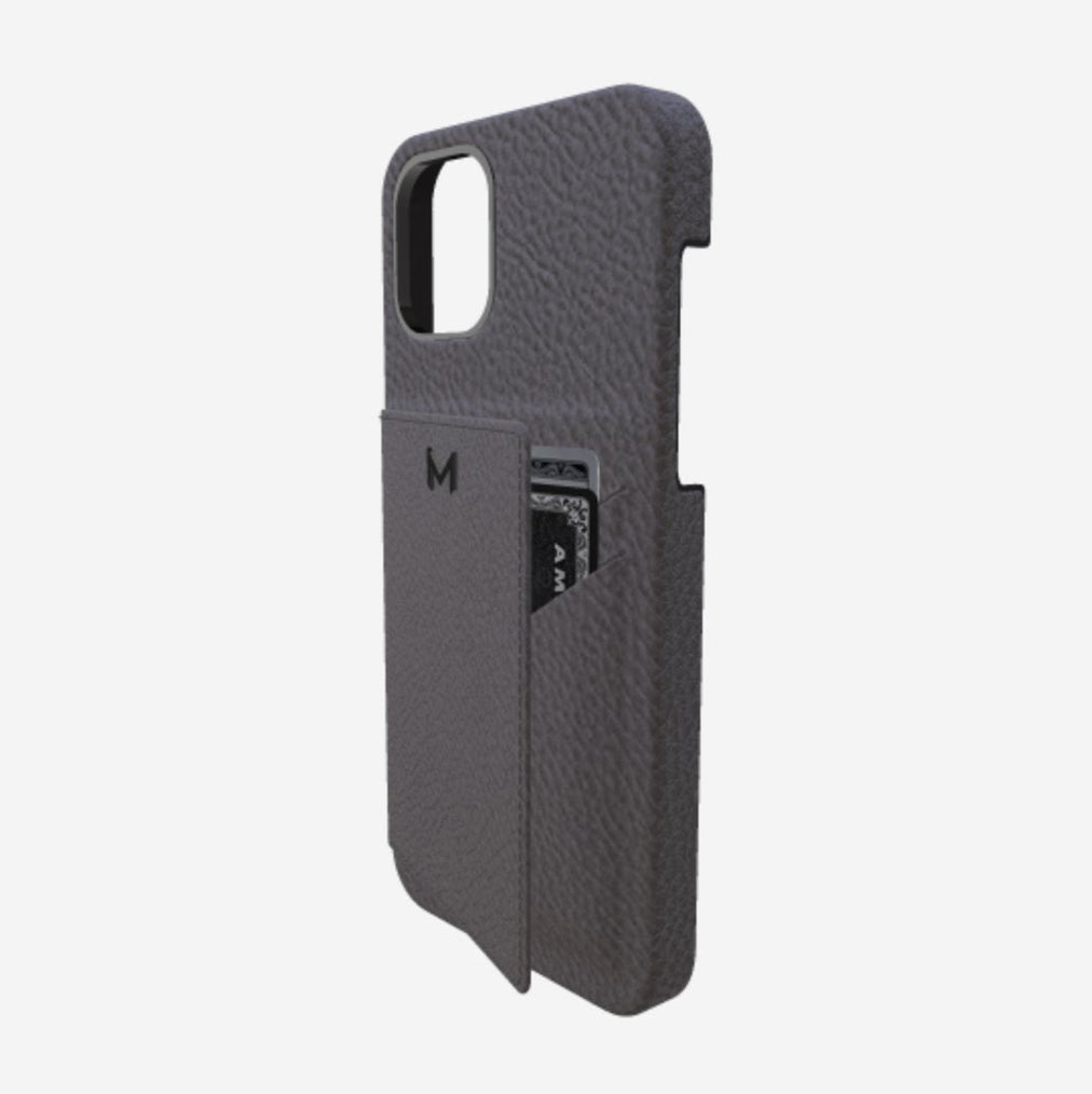 Cardholder Case for iPhone 13 Pro in Genuine Calfskin Elite Grey Black Plating 