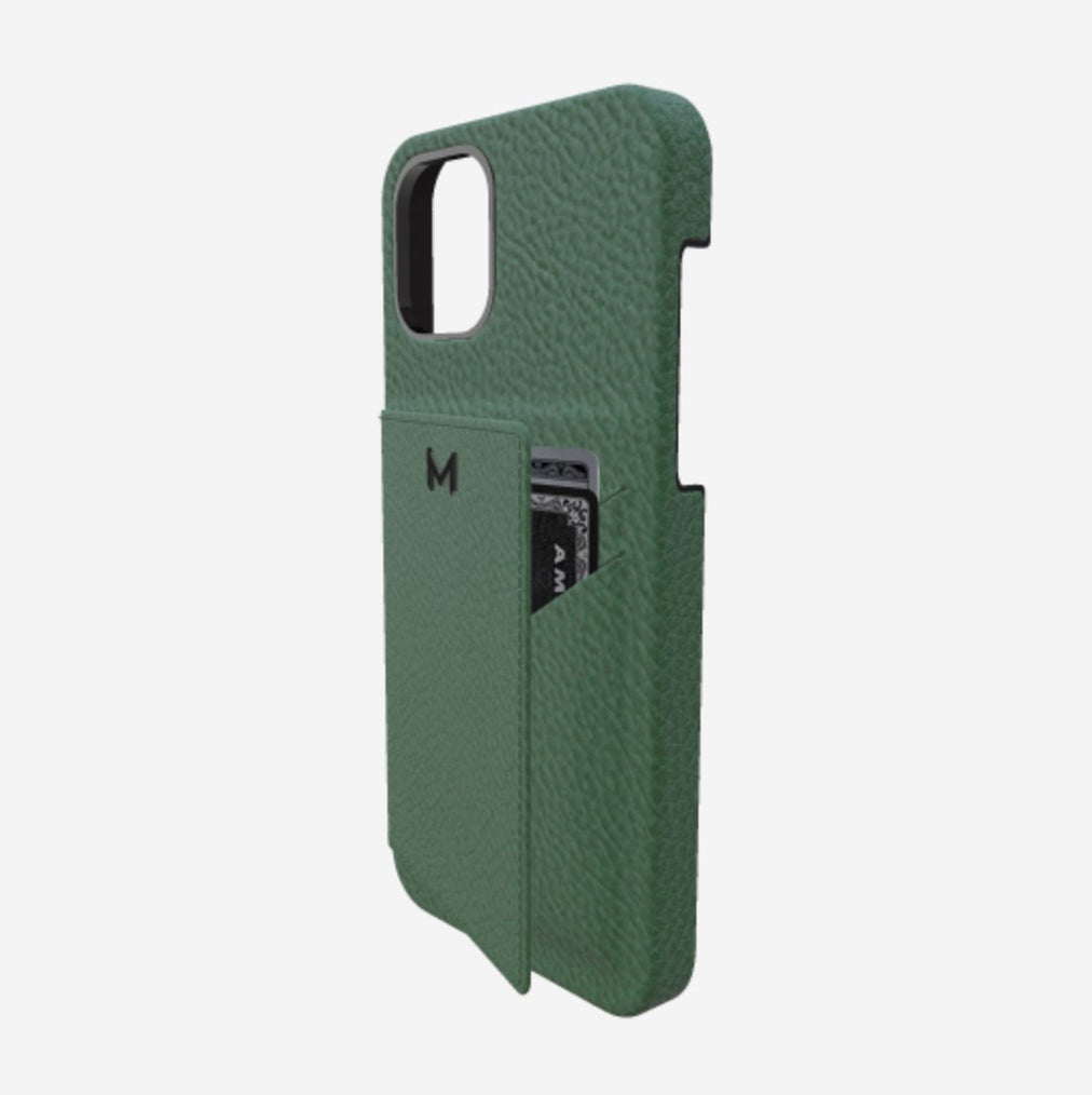 Cardholder Case for iPhone 13 Pro in Genuine Calfskin Emerald Green Black Plating 