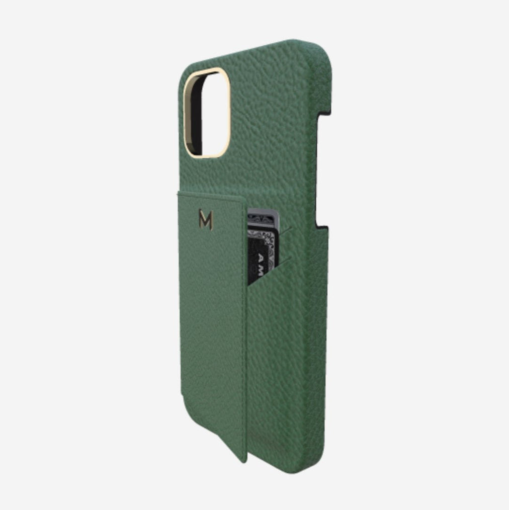 Cardholder Case for iPhone 13 Pro in Genuine Calfskin Emerald Green Yellow Gold 