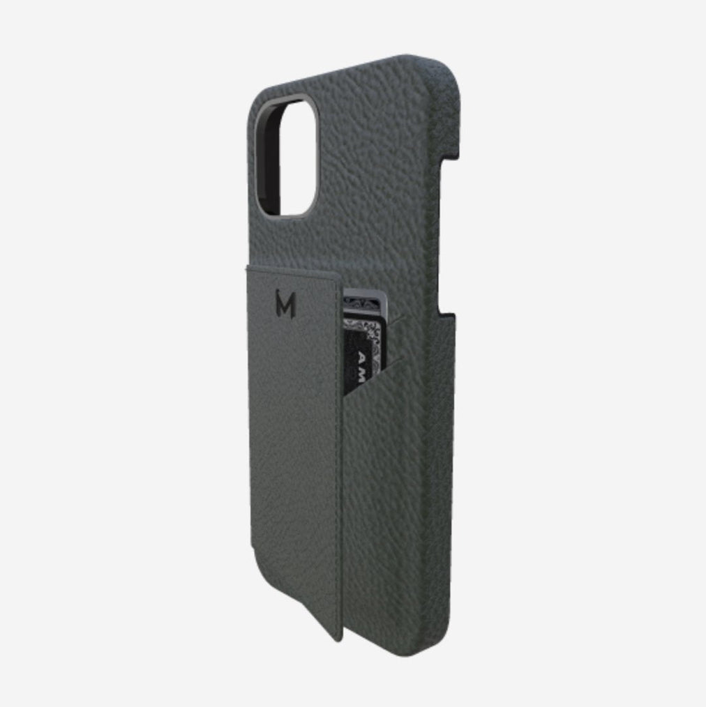 Cardholder Case for iPhone 13 Pro in Genuine Calfskin Jungle Green Black Plating 