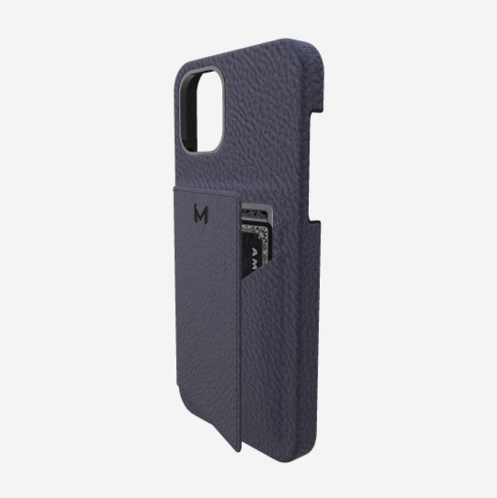 Cardholder Case for iPhone 13 Pro in Genuine Calfskin Navy Blue Black Plating 