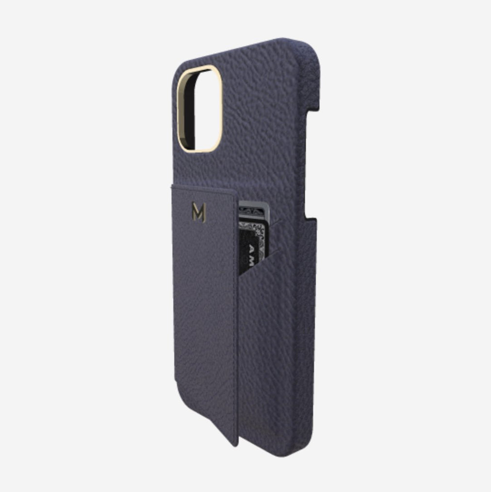 Cardholder Case for iPhone 13 Pro in Genuine Calfskin Navy Blue Yellow Gold 