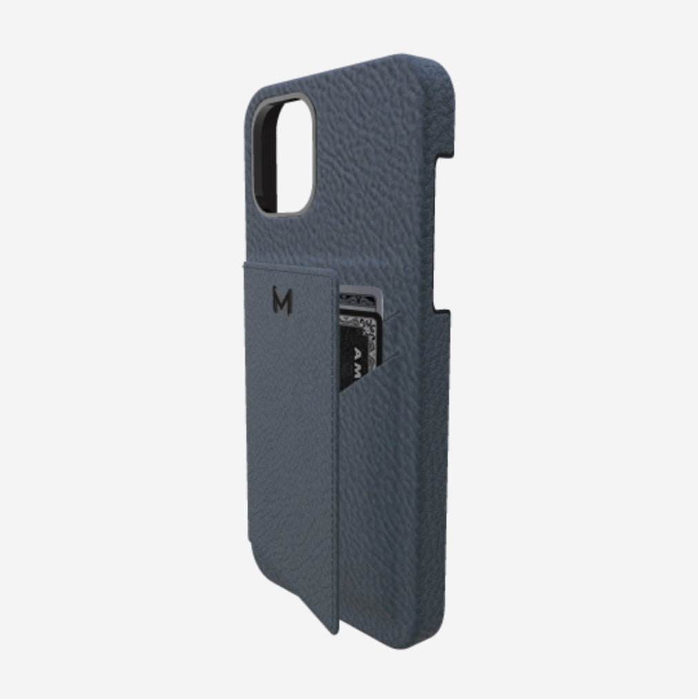 Cardholder Case for iPhone 13 Pro in Genuine Calfskin Night Blue Black Plating 