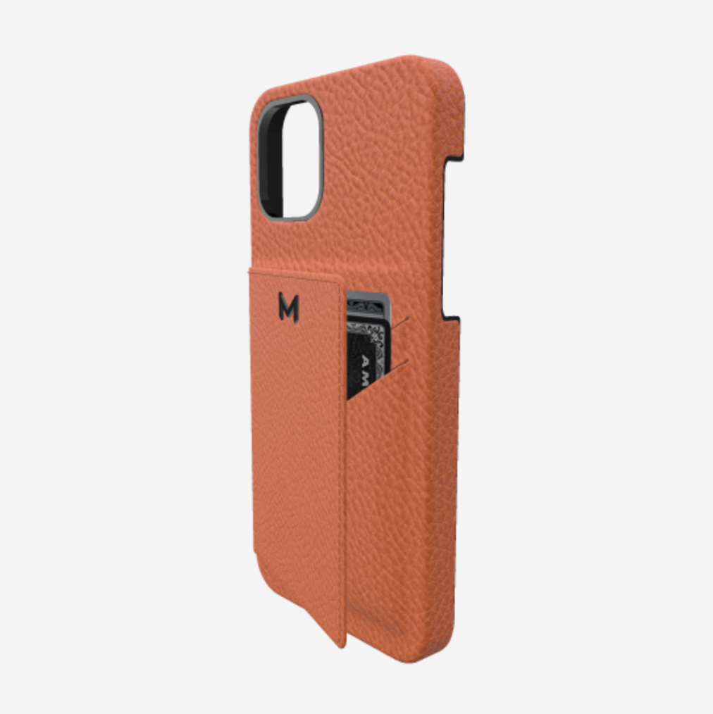 Cardholder Case for iPhone 13 Pro in Genuine Calfskin Orange Cocktail Black Plating 