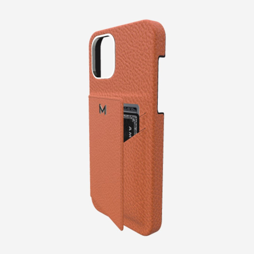 Cardholder Case for iPhone 13 Pro in Genuine Calfskin Orange Cocktail Steel 316 