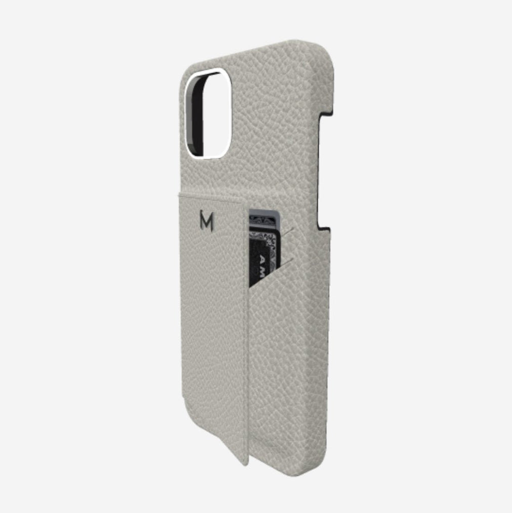 Cardholder Case for iPhone 13 Pro in Genuine Calfskin Pearl Grey Steel 316 