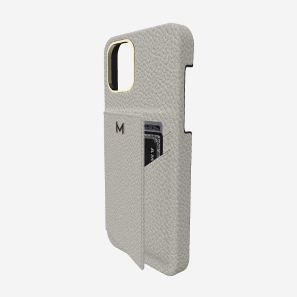 Cardholder Case for iPhone 13 Pro in Genuine Calfskin Pearl Grey Yellow Gold 